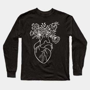 Floral Human Heart Anatomy | Line Art Long Sleeve T-Shirt